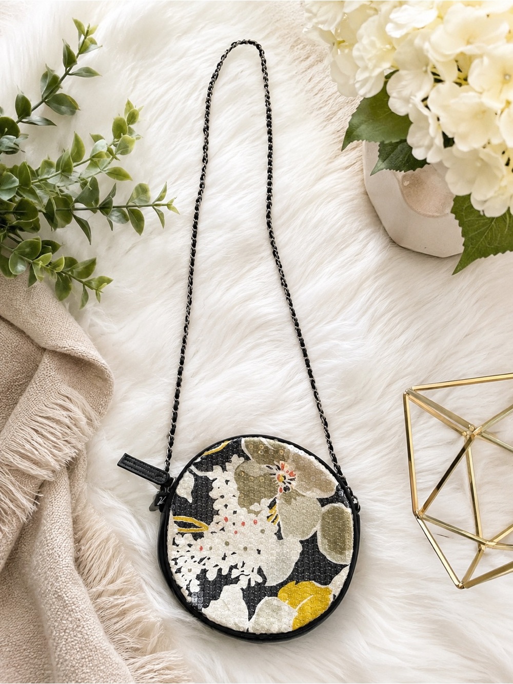 Vera Bradley Black Floral Round Crossbody with Yellow and Cream Accents